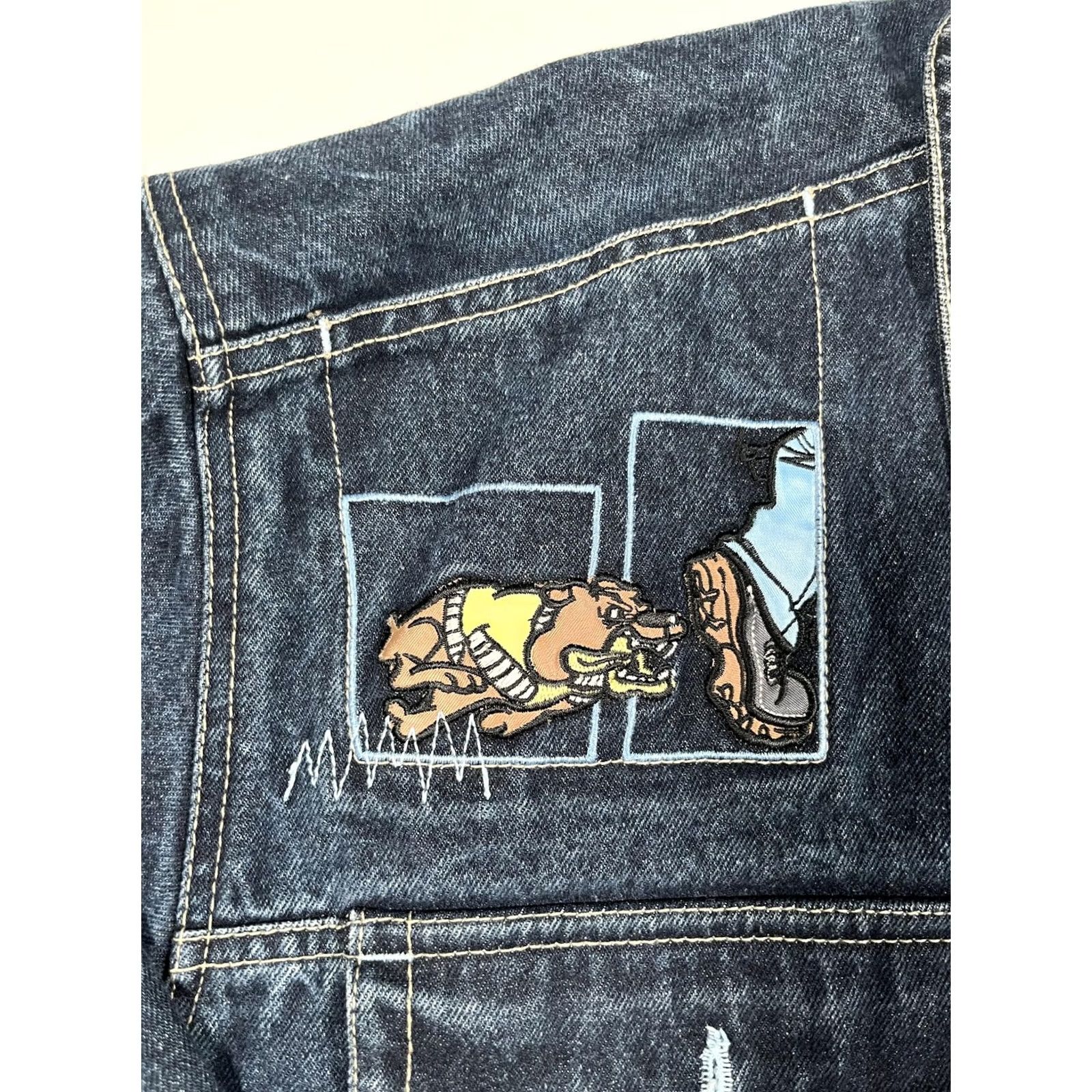 Denime Raw Blue Denim Jacket Mens 2XL Embroidered Bulldog Graphic Dis my Crib Applique Size US XXL / EU 58 / 5 - 6 Thumbnail