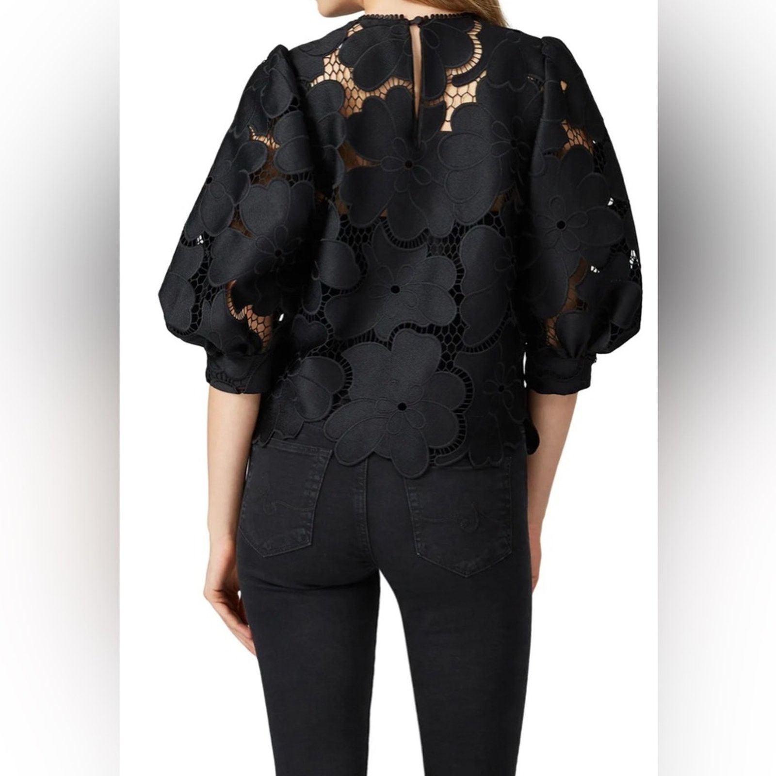 Hunter Bell Hunter Bell Peyton Puff Sleeve Black Floral Embroidered Top Size S / US 4 / IT 40 - 2 Thumbnail