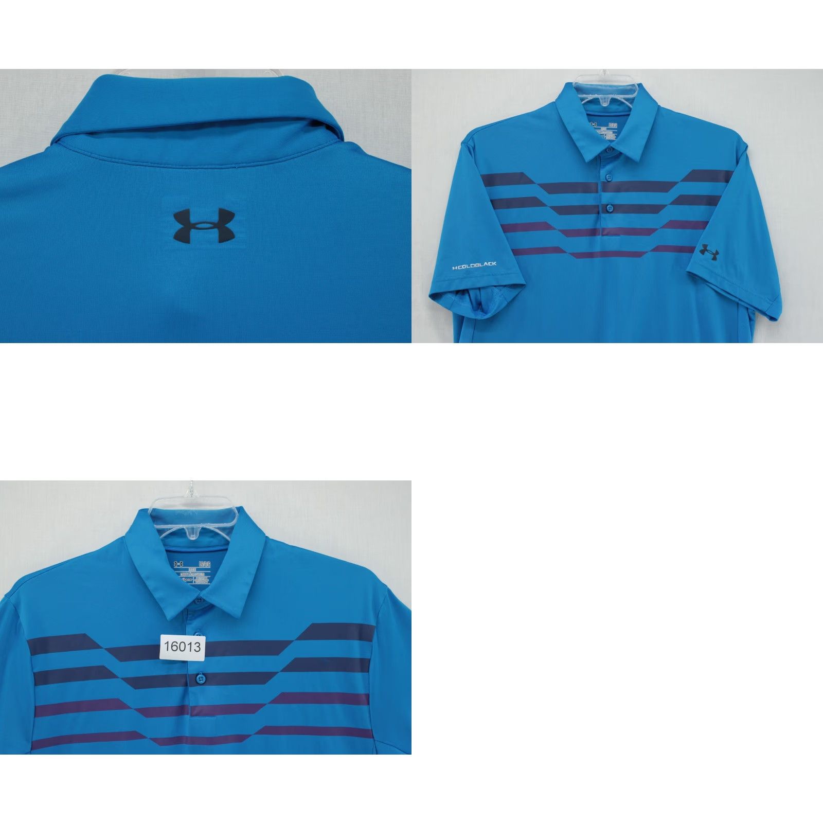 Under Armour VINTAGE Under Armour Golf Polo Mens Large Blue Striped HeatGear ColdBlack Athletic Shirt Size US L / EU 52-54 / 3 - 8 Thumbnail