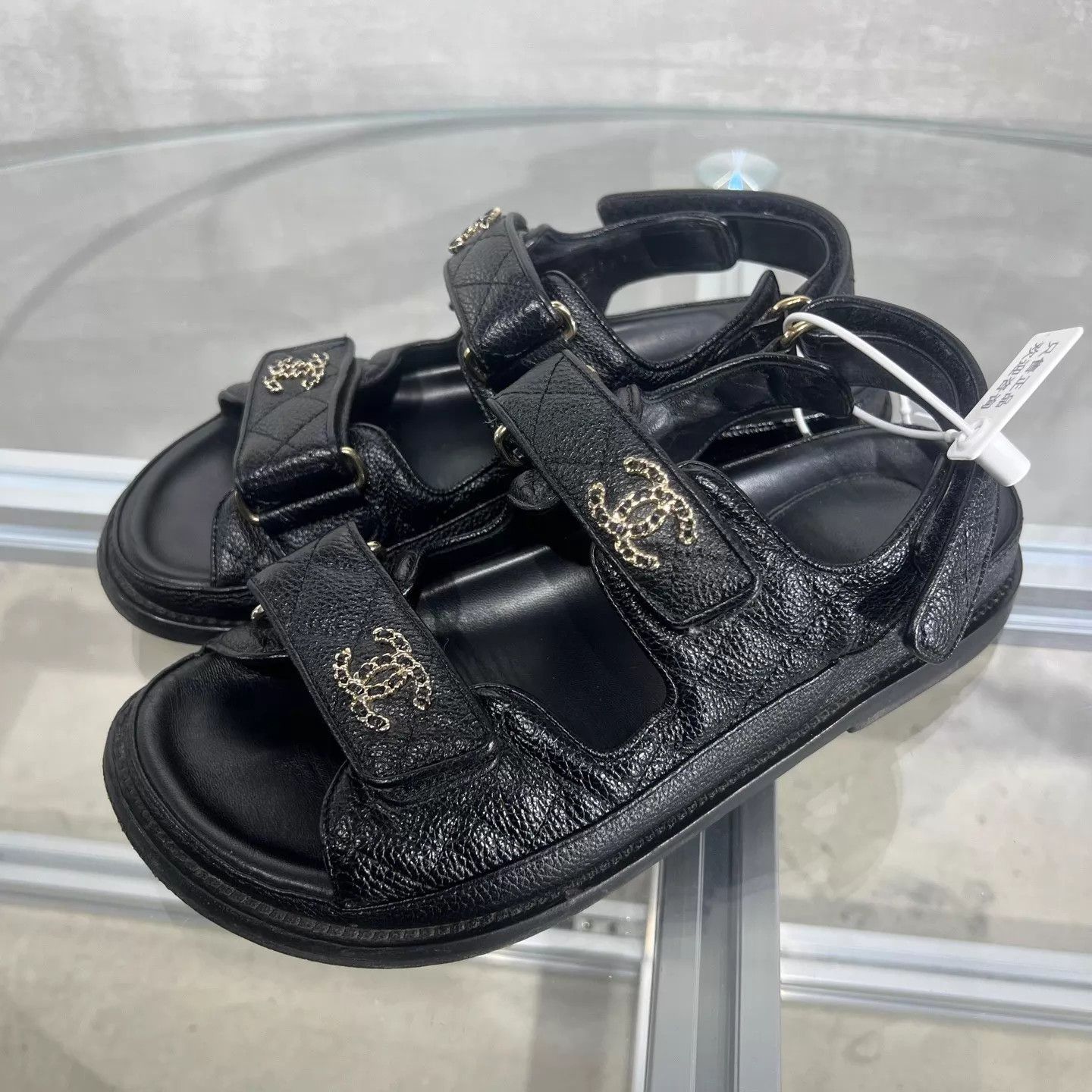 Chanel Chanel Women's Black Litchi Leather Velcro Sandals 35.5 Size US 5 / IT 35 - 2 Thumbnail