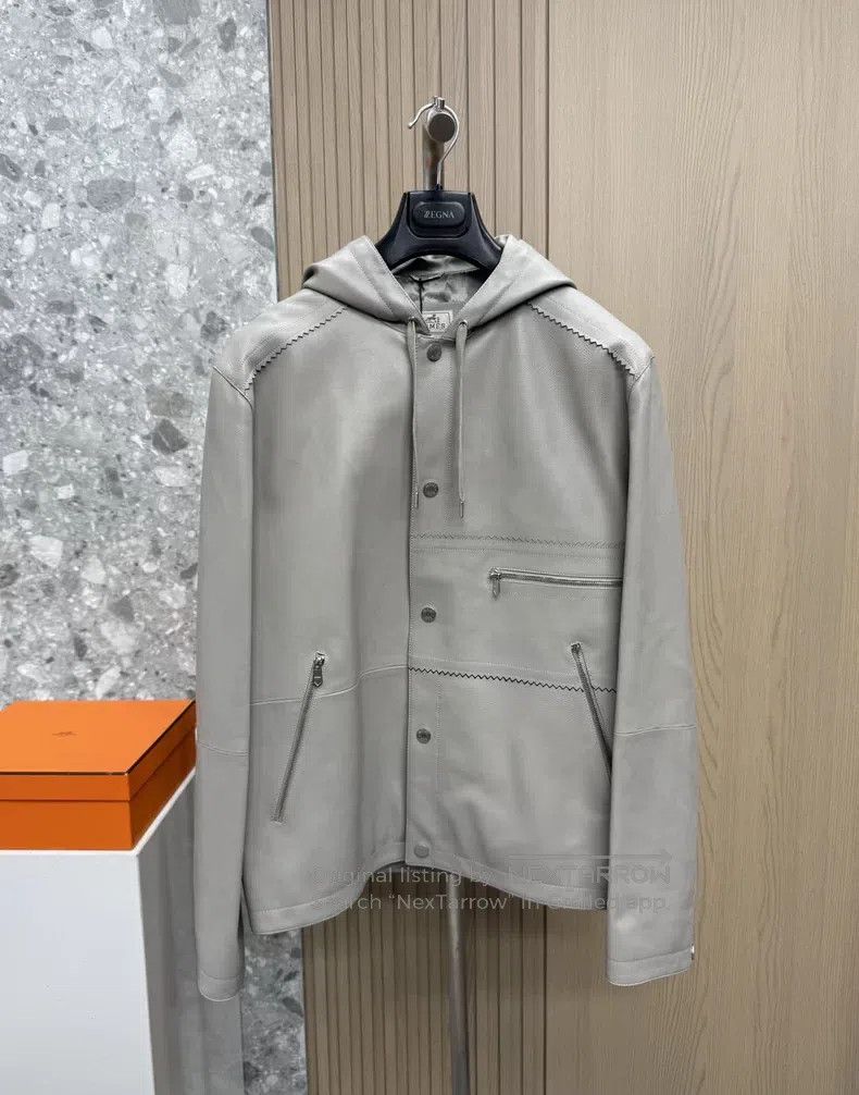 Hermes Hermes Light gray leather jacket, calf leather, made in Fr Size US M / EU 48-50 / 2 - 1 Thumbnail