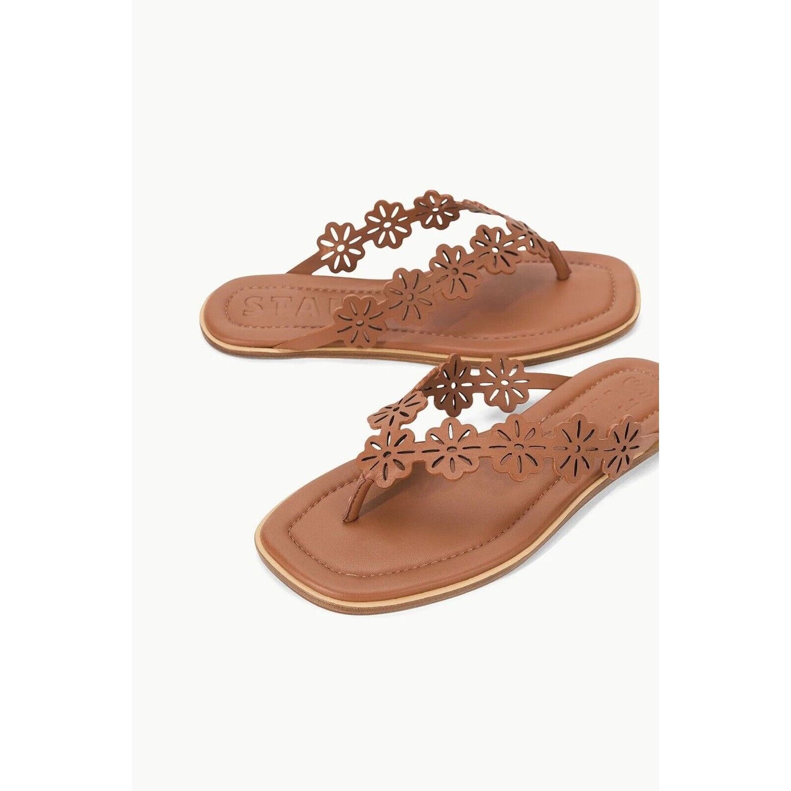 Staud Dante Floral Leather Thong Slide Tan Cognac 39.5 in Brown, Women's