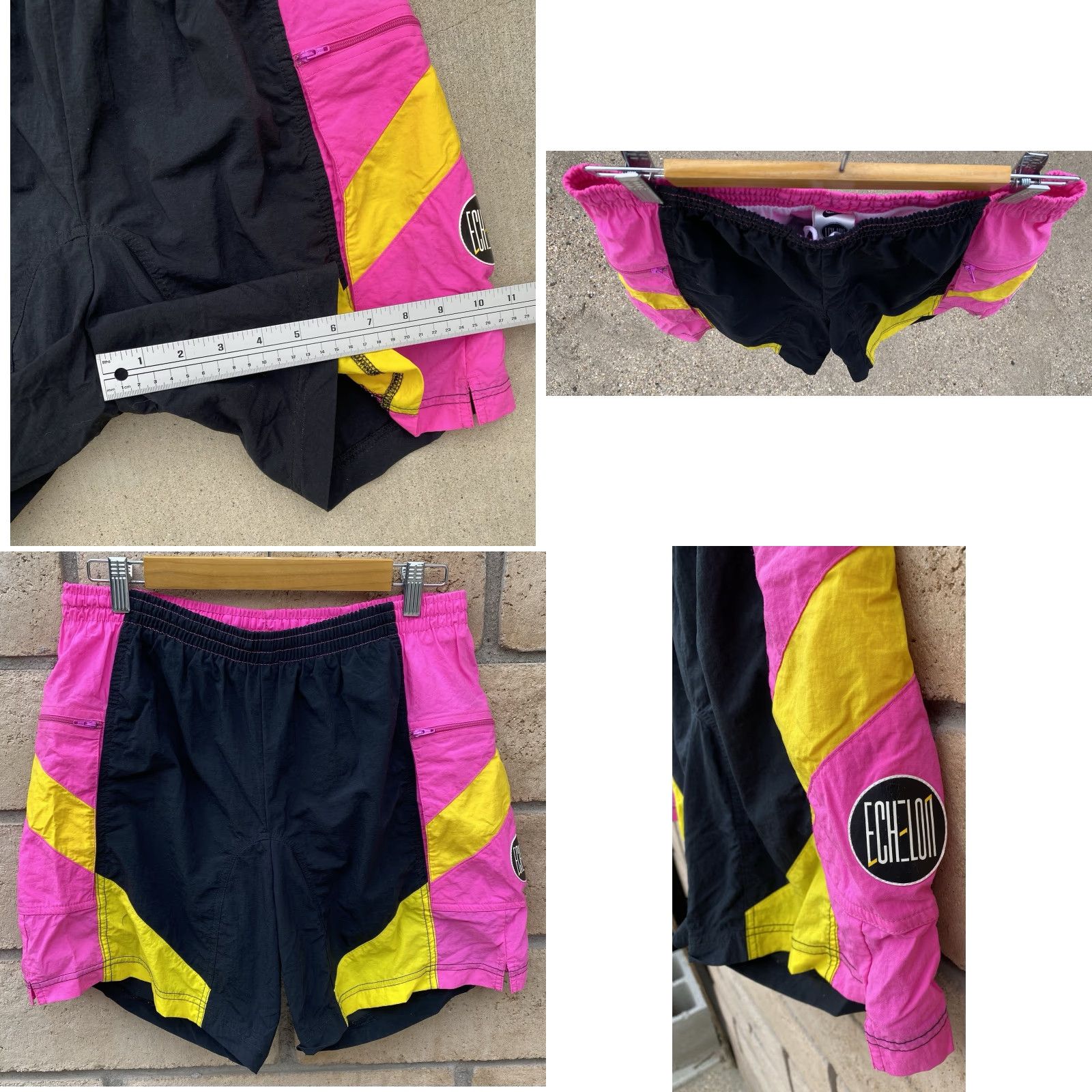 Nike VINTAGE Nike Echelon Men’s Nylon Shorts Ball Black Pink Yellow Geometric Logo Drawstring Pockets 1980s 1990s Cycling Mens L Size US 33 - 9 Thumbnail