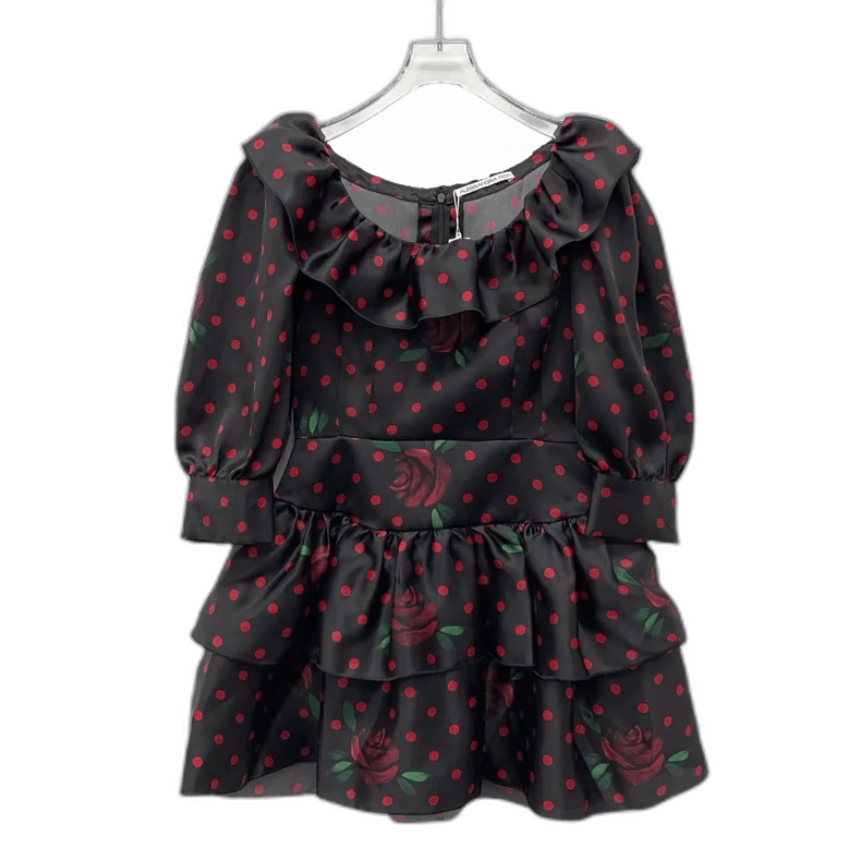 Black Polka Dot Rose Print Silk Dress