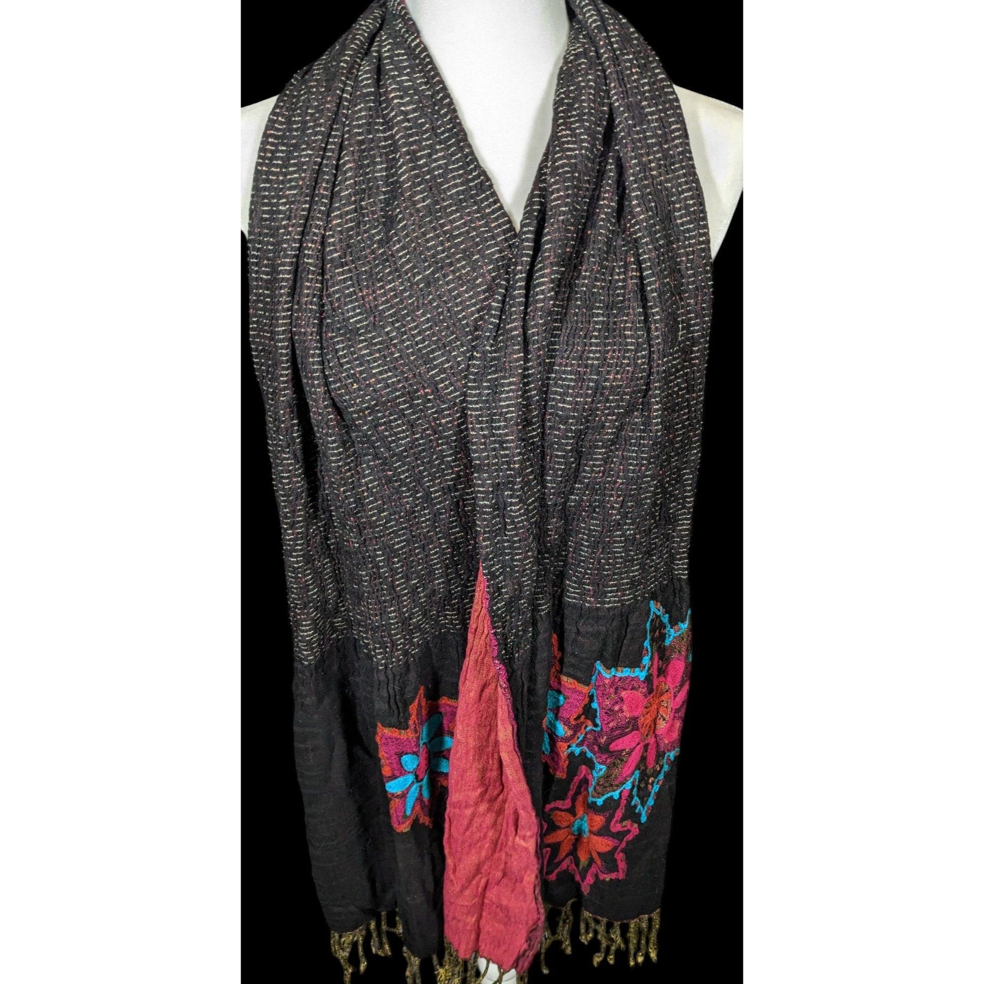 Other Vintage Bohemian Grey And Pink Floral Embroidered Scarf Size ONE SIZE - 2 Thumbnail