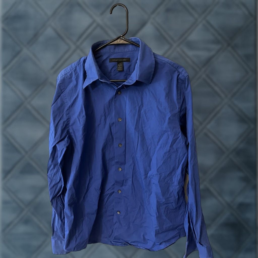 Express VINTAGE EXPRESS Dress Shirt Blue Solid 100% Cotton L Collar Point Long Sleeve Regular Mens Large Blue 16.5 Neck Modern Design Size 42R - 1 Thumbnail