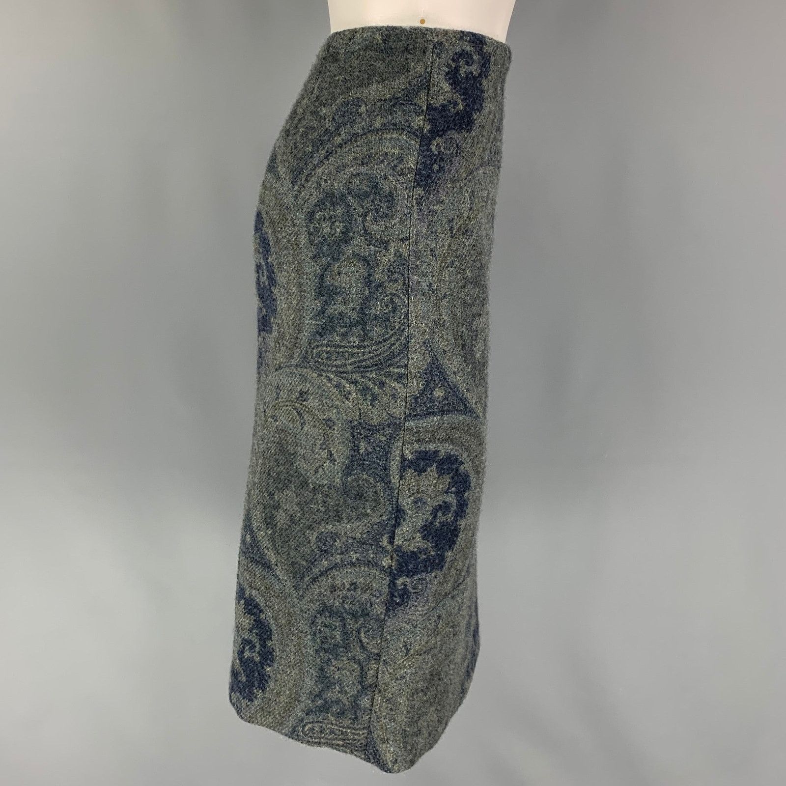 Ralph Lauren Size 4 Blue Grey Wool Paisley Pencil Below Knee Skirt Size 27" / US 4 / IT 40 - 2 Thumbnail