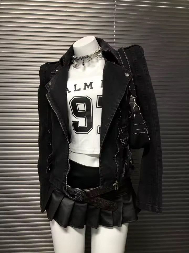 Other Washed Punk Gothic Motorcycle Denim Jacket Y2k Size M / US 6-8 / IT 42-44 - 5 Thumbnail
