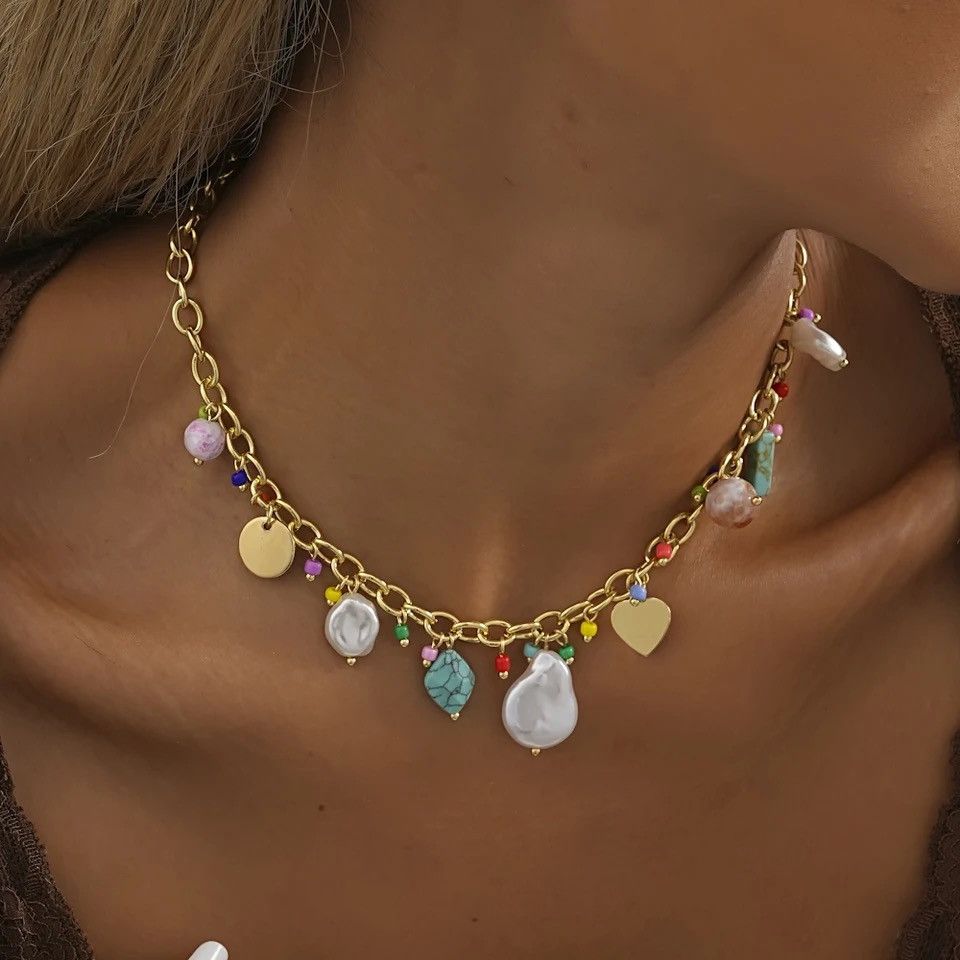 Handmade × Jewelry Colorful Natural Stone Shell Rice Bead Pendant Necklace Size ONE SIZE - 4 Thumbnail