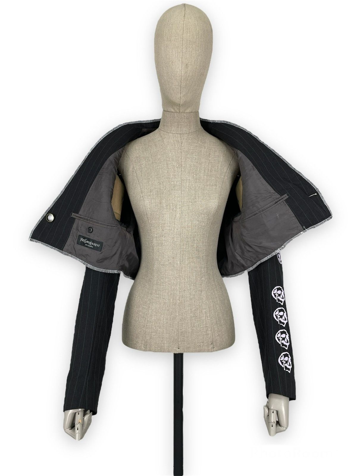 Yves Saint Laurent VTG SAINT LAURENT Wool YSL Logo Skulls Blazer Cropped Jacket Size 52L - 7 Thumbnail