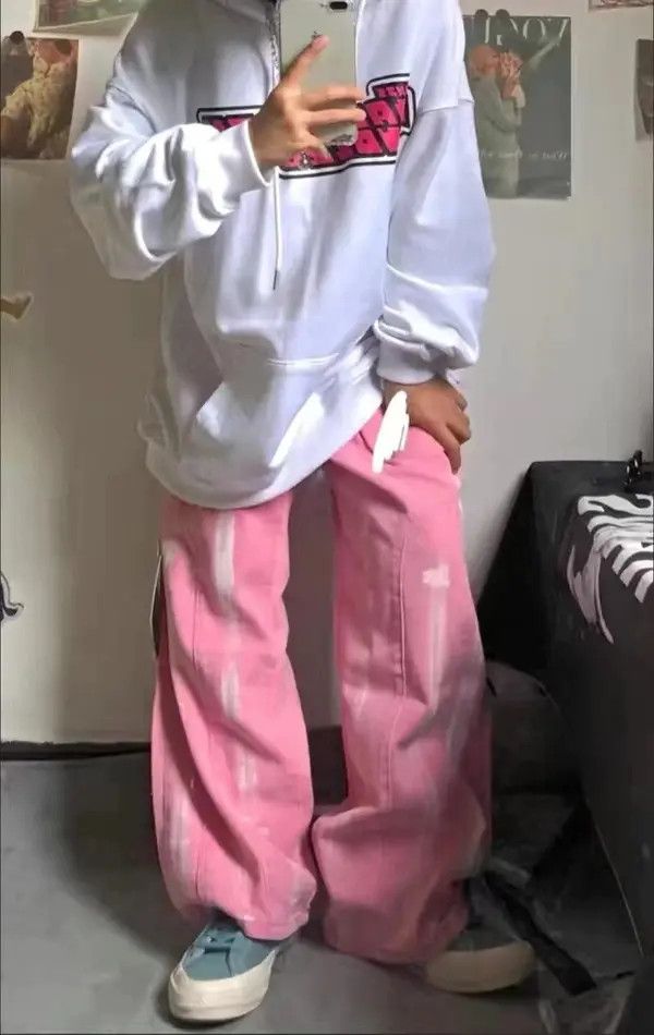Other Pink High Waist Jeans Loose Straight Baggy Wide Leg Pants Size US 30 / EU 46 - 2 Thumbnail