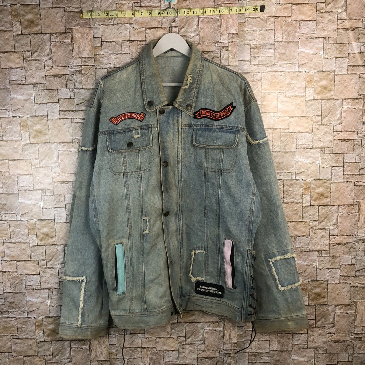 Japanese Brand Born To Wild Blue ripped patchwork Denim Jacket #A25 Size US XL / EU 56 / 4 - 1 Thumbnail