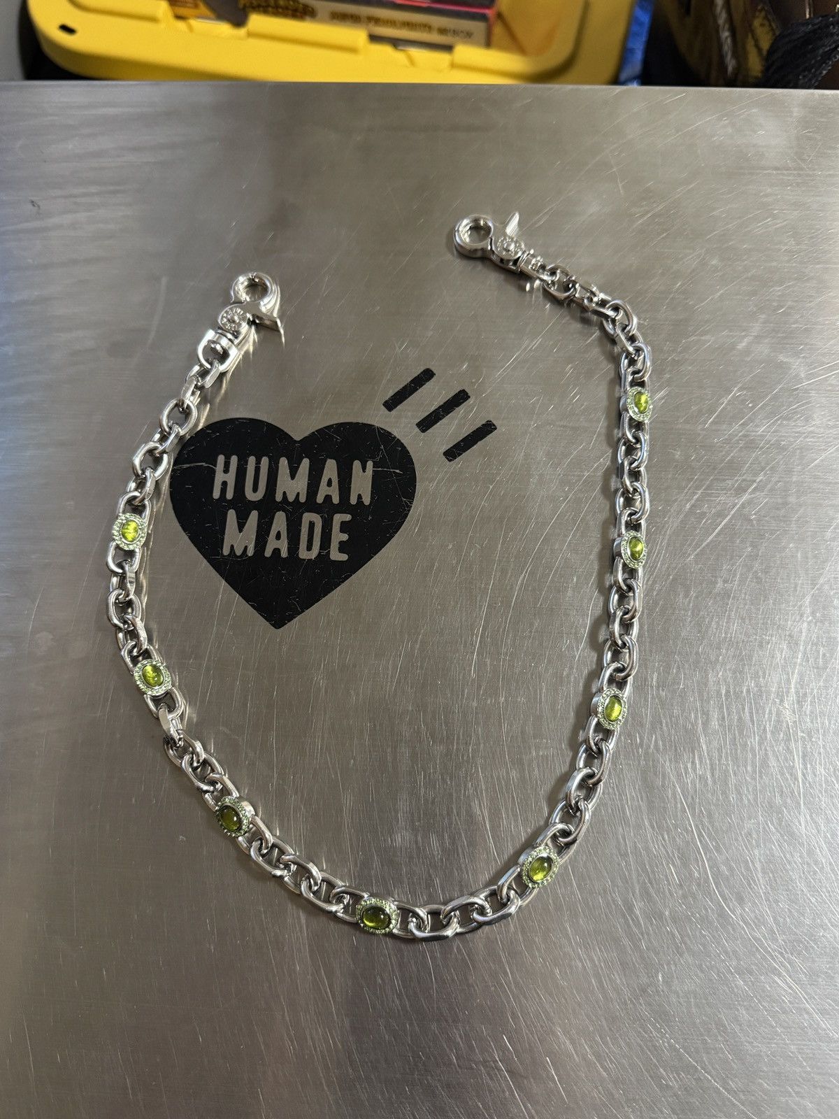 Silver Wallet Chain Green Stone 22"