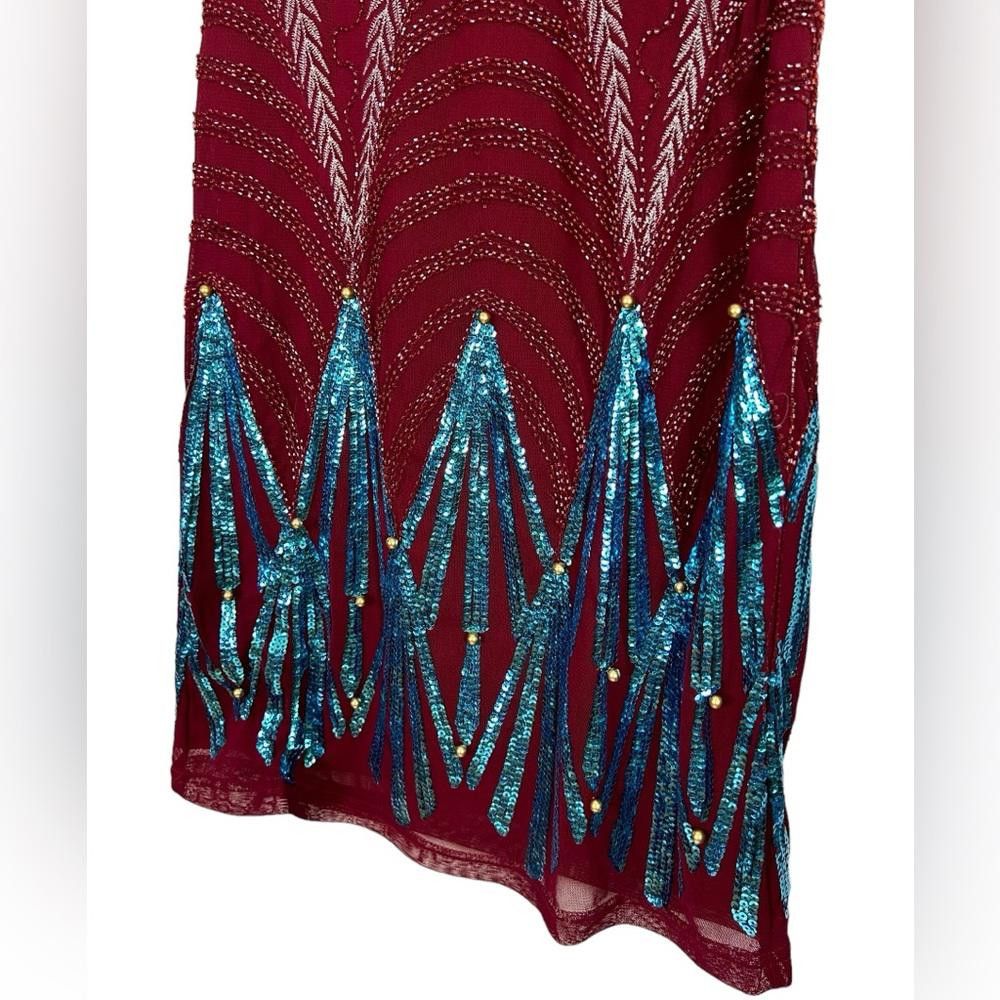 Designer Maroon Beaded Sequined Embroidered Flapper Dress Medium Size M / US 6-8 / IT 42-44 - 2 Thumbnail