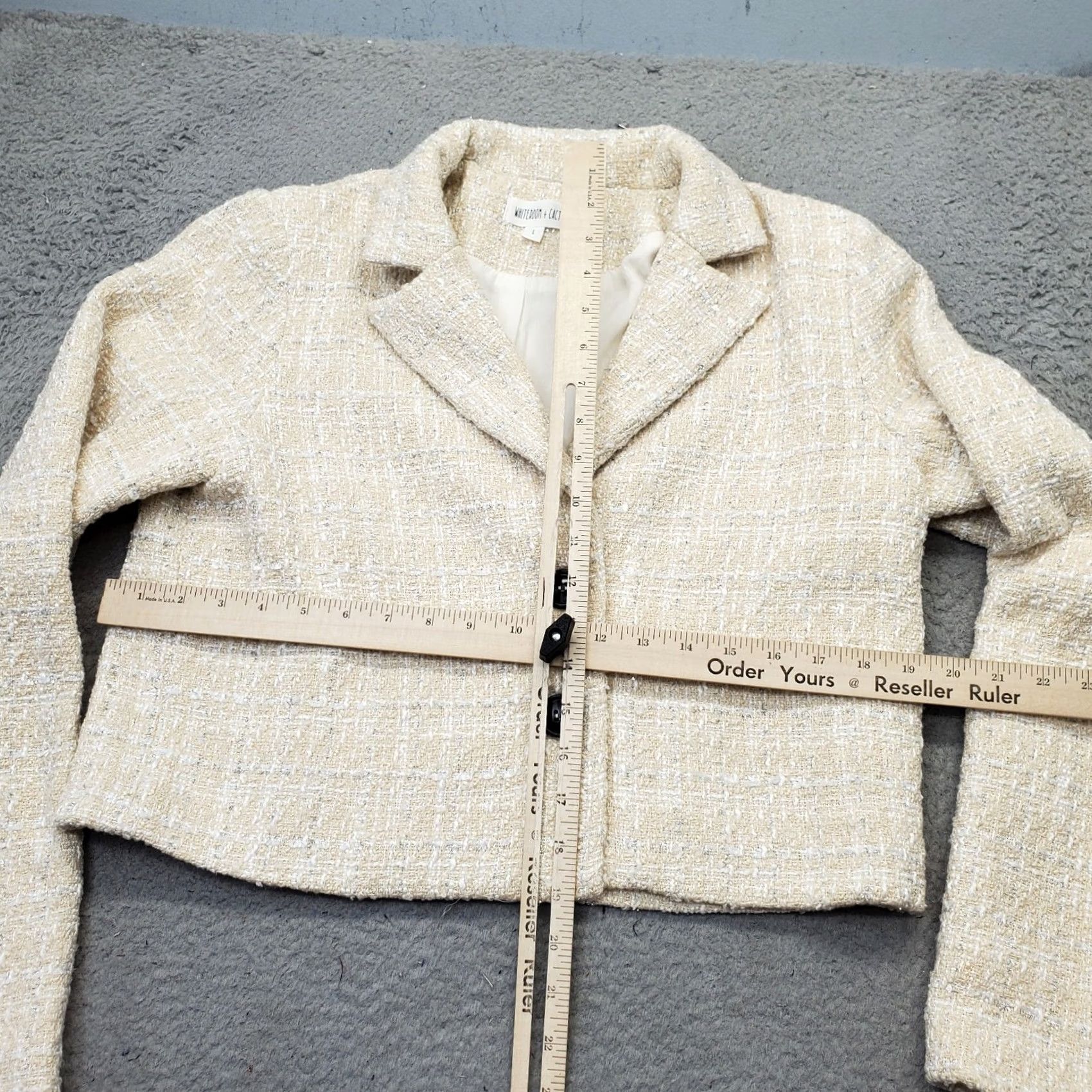 Vintage Whiteroom + Cactus Tweed Cropped Blazer Womens Size L Tan Lined Peak Lapel EUC Jacket Size L / US 10 / IT 46 - 3 Thumbnail