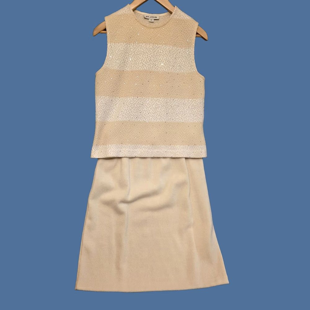 St. John St. John Set Womens S Beige Sequin Stripe Sleeveless Sweater Skirt 2 Piece - Party/Cocktail Outfit Size S / US 4 / IT 40 - 1 Thumbnail