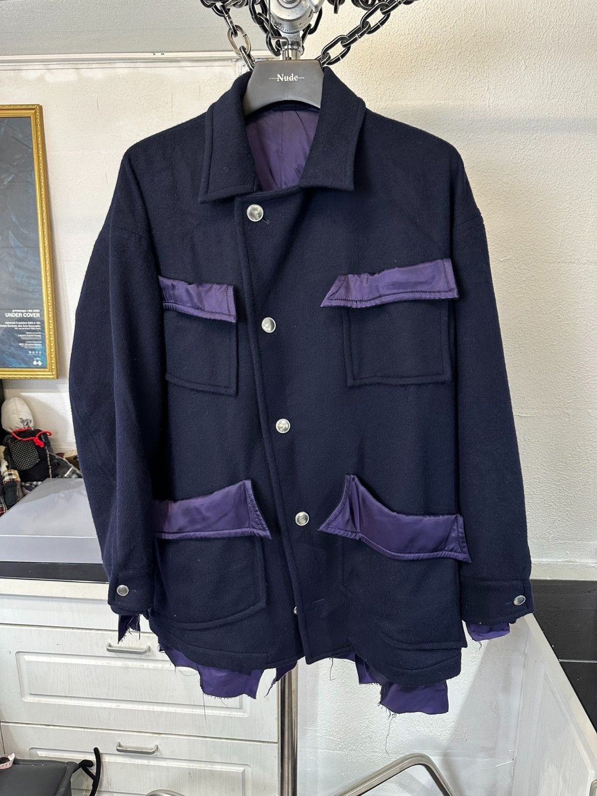 image of Sulvam Destroyed Design Wool Parka in Purple, Men's (Size Small)