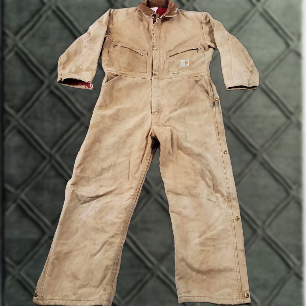 Carhartt Vtg 1989 Carhartt Canvas Duck Coveralls 42R Insulated Lined Distressed Workwear 80s Hunting Mens Brown Long Zip Pockets Logo Zipper Size US 42 / EU 58 - 1 Thumbnail