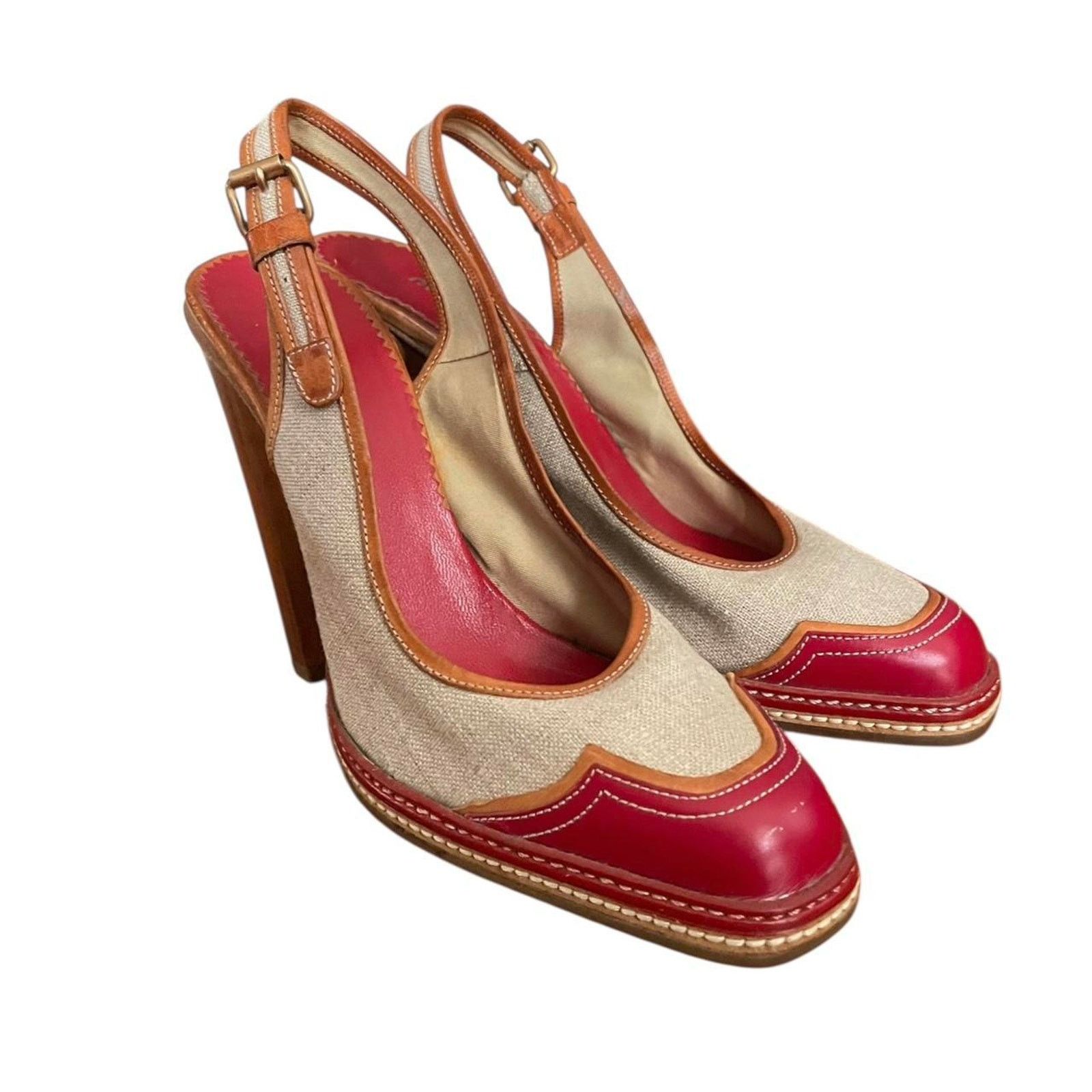 VTG 2004 Miu Miu Spring Ready-To-Wear Block Heel Shoes Sandals in Beige, Women's (Size 8.5)