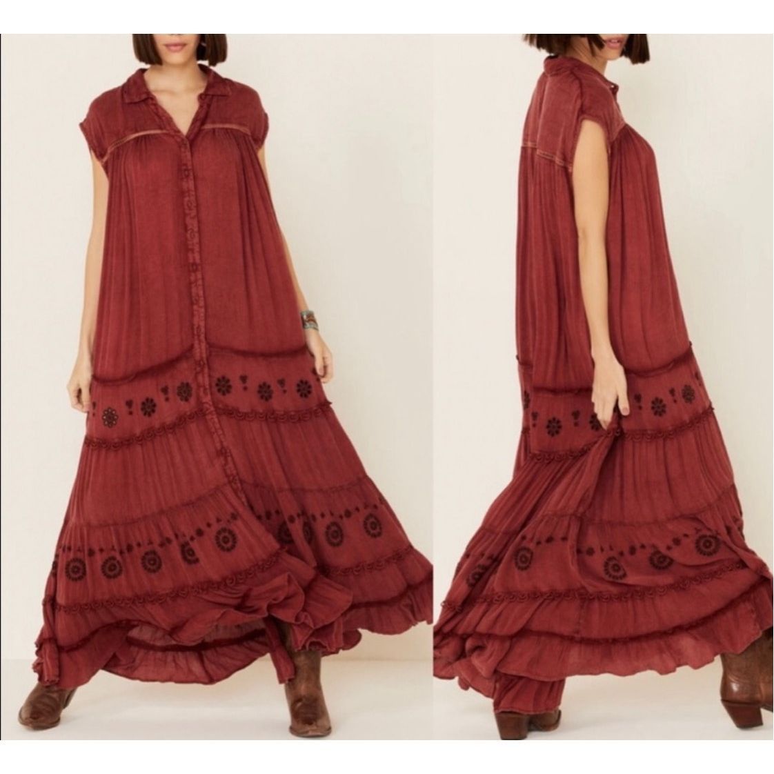 Image of Free People NWT Maxi Dress Pretty Cozy Ruffle Tier Embroider in Brown, Women's (Size Small)