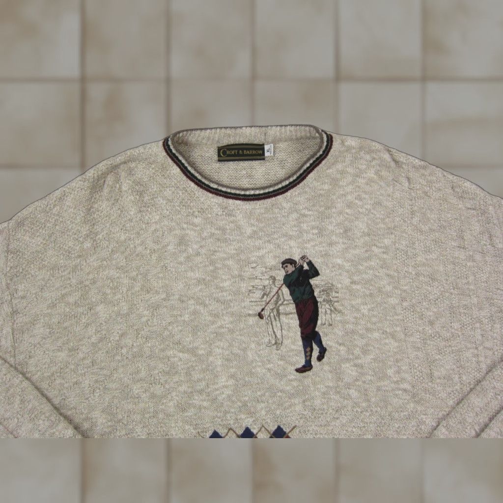 Croft & Barrow VINTAGE Croft & Barrow Sweater Mens XL Beige Embroidered Golf Crew Neck Pullover Knit Long Sleeve Cotton Rayon 80s 90s Casual Travel USA US Made Mens Size US XL / EU 56 / 4 - 1 Thumbnail