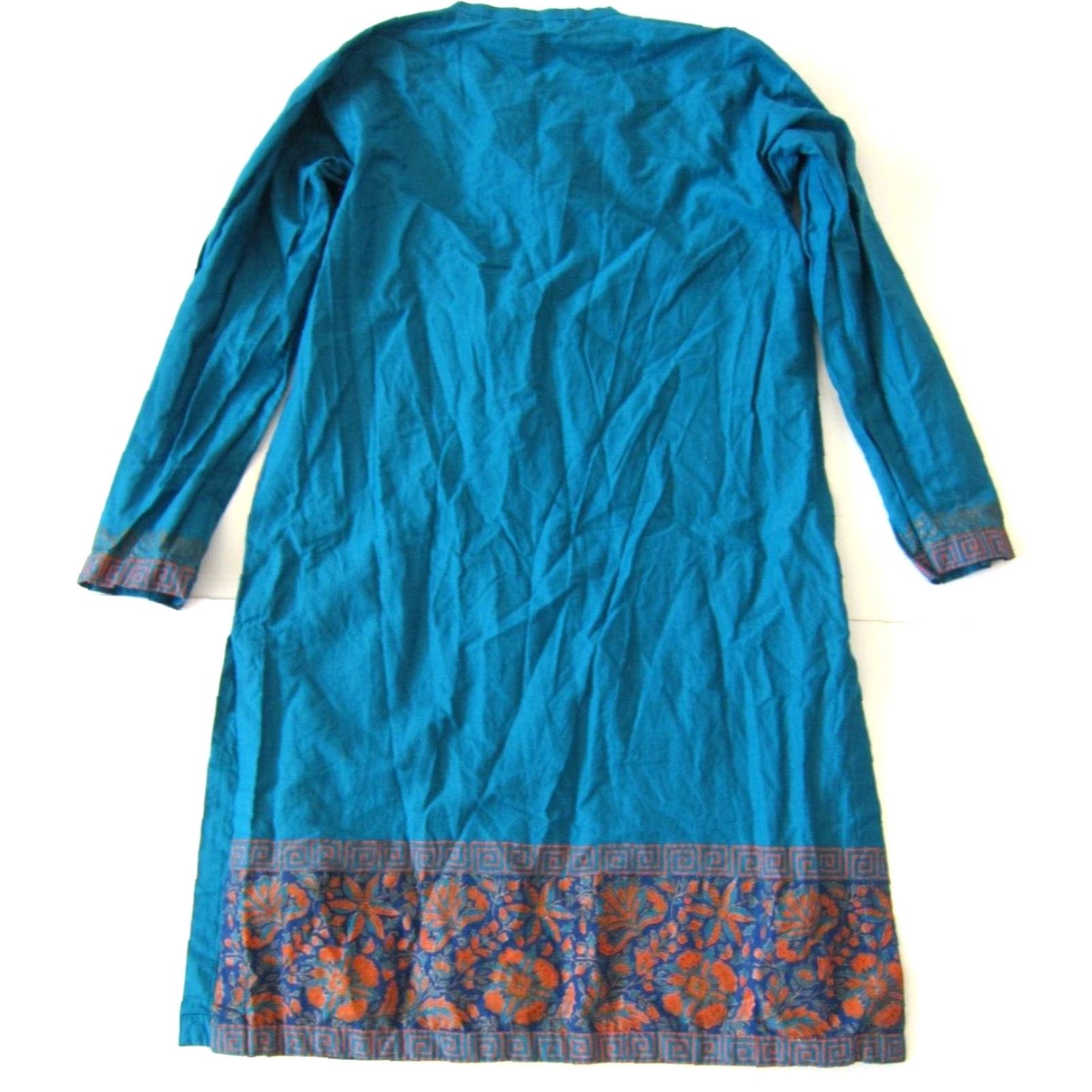 Vintage VINTAGE G-Woman Kurta Dress S/10 100% Cotton Turquoise Green Orange Floral Long Sleeve DressS/10 Size S / US 4 / IT 40 - 2 Thumbnail