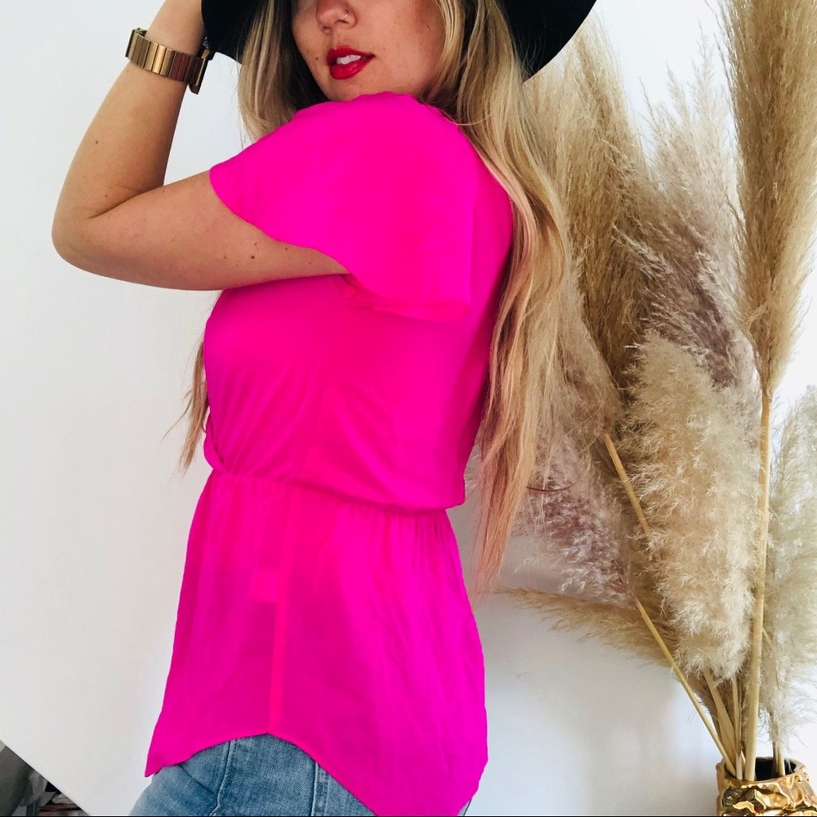 AMANDA UPRICHARD Revolve Neon Hot Pink VNeck Silk Blouse Top, image size:1600x1600