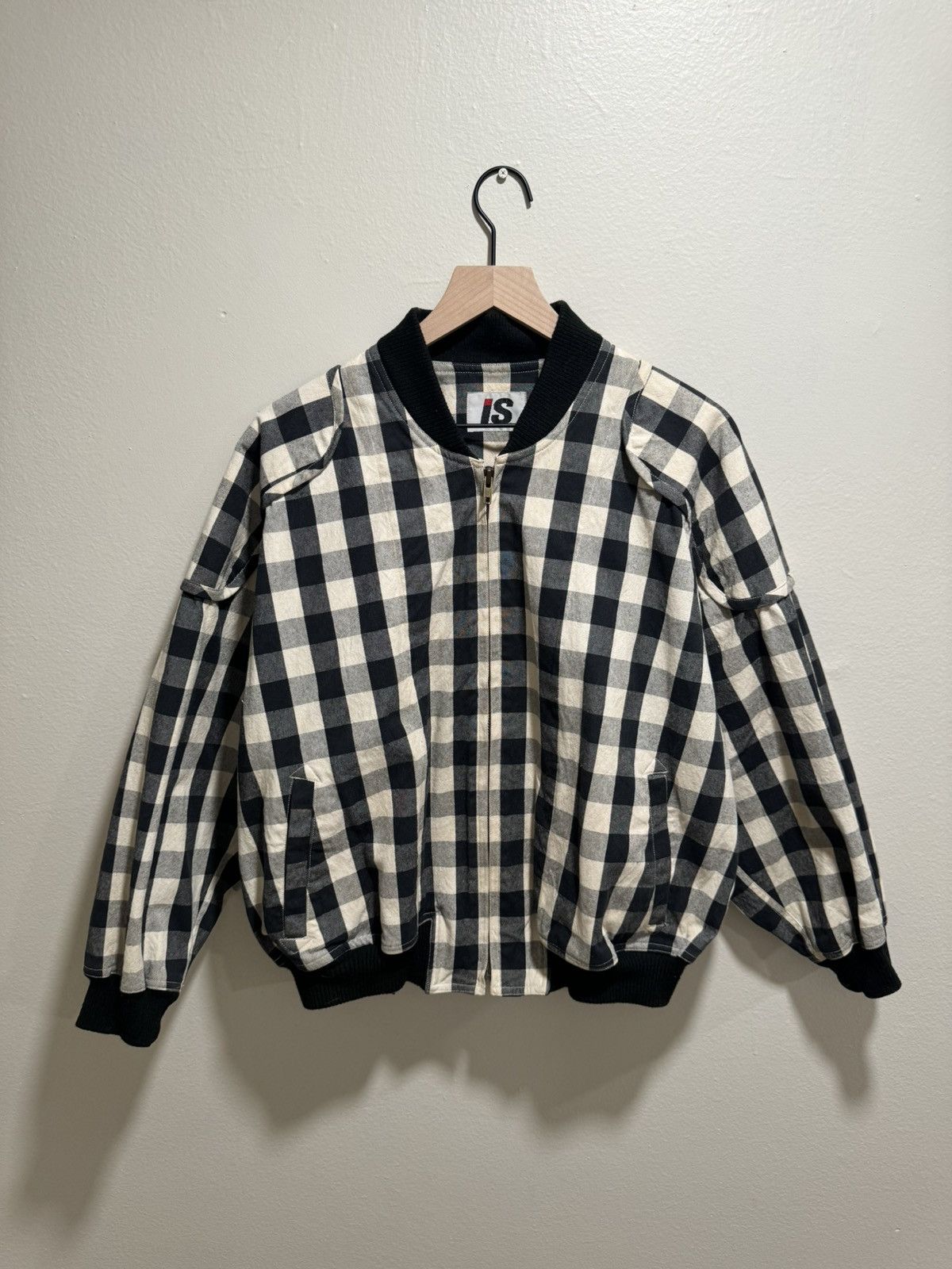 Issey Miyake 1980s iS Logo Black Check Gingham Bomber Jacket Size US L / EU 52-54 / 3 - 1 Thumbnail