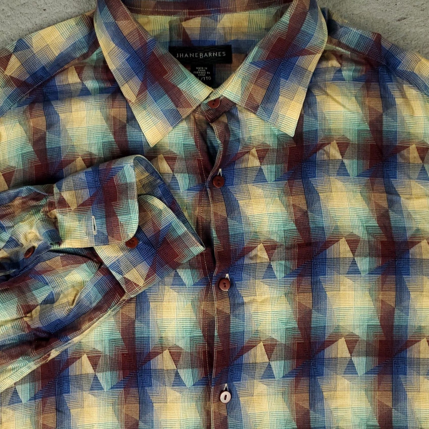 Vintage Jhane Barnes Shirt Mens 2XL Blue Brown Abstract Casual Button Up Long Sleeve Geometric Pattern Modern Classic Preppy Business Workwear Size US XXL / EU 58 / 5 - 2 Thumbnail