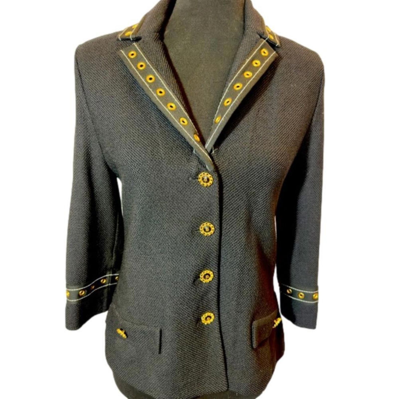 St John Chic Black Button-Up Blazer with Gold Accents