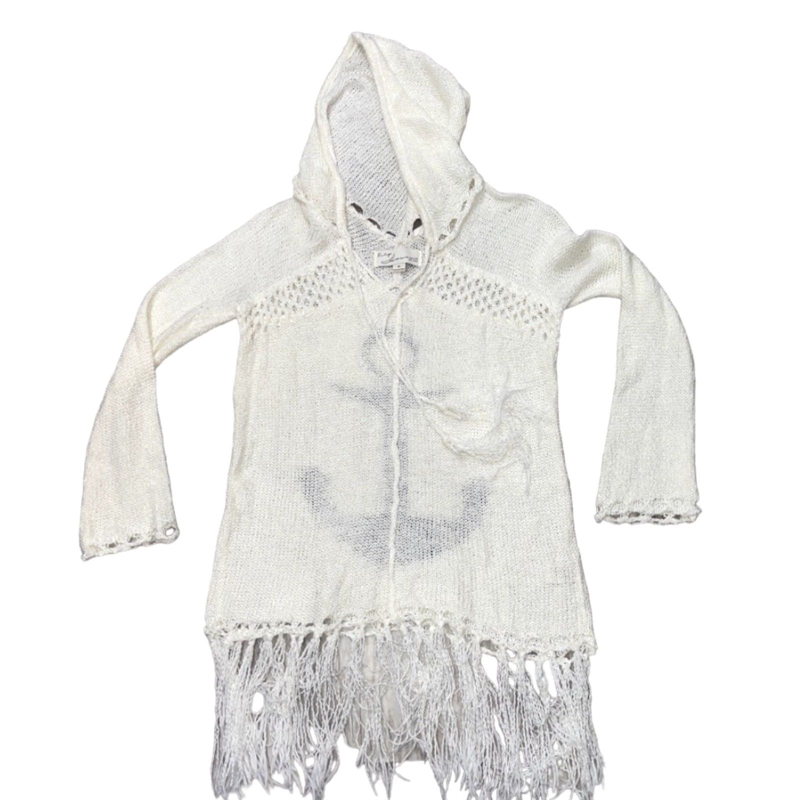 Vintage Havana VINTAGE Vintage Havana Sweater Women M Ivory Anchor Fringe Hem Knitted Open-Knit V-Neck Hooded Pullover Casual Boating Sailing - Mens? Size M / US 6-8 / IT 42-44 - 4 Thumbnail