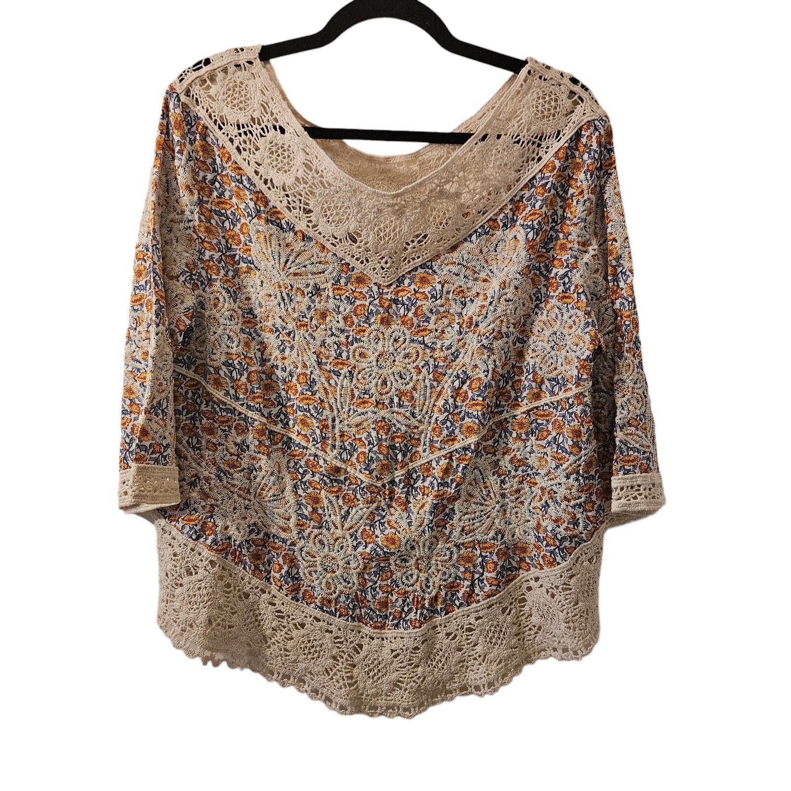Designer Solitaire Boho Chic Embroidered Blouse Crochet Detail-Sz L Size L / US 10 / IT 46 - 2 Thumbnail