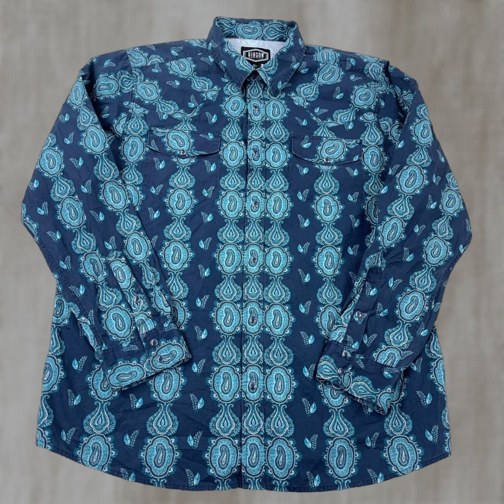 Vintage Gibson Shirt Men XL Blue Teal Paisley Western Cowboy Aztec Snap Button-Up Casual Workwear All Seasons Pockets Regular Size US XL / EU 56 / 4 - 1 Thumbnail