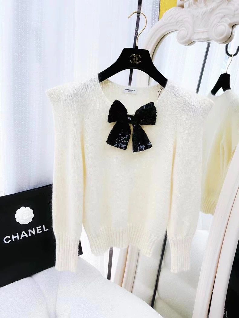 Yves Saint Laurent Black Bow Sequin White Knit Sweater Size XS / US 0-2 / IT 36-38 - 1 Thumbnail