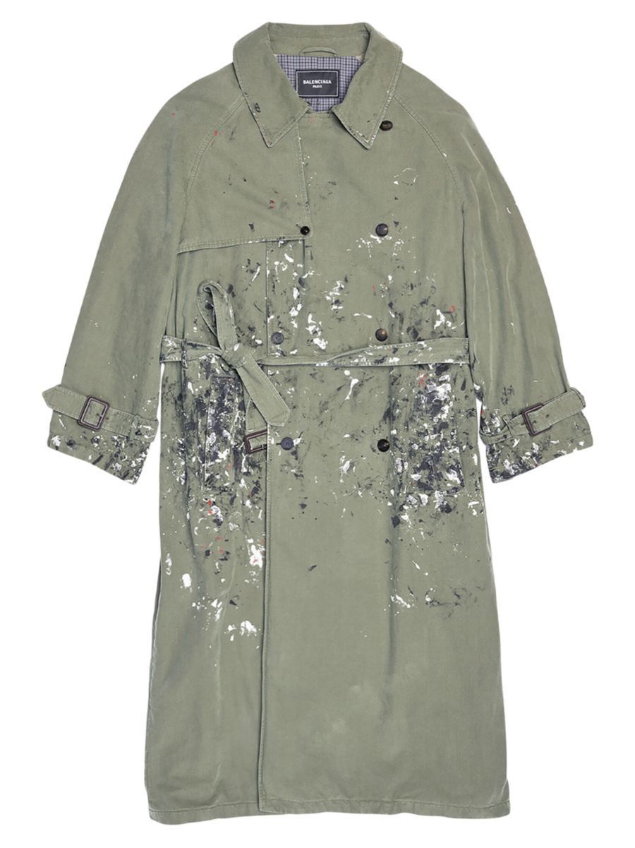 image of Balenciaga Artist Trench Coat Runway Summer 22 Paint Splatter 44 in Green, Men's (Size Small)