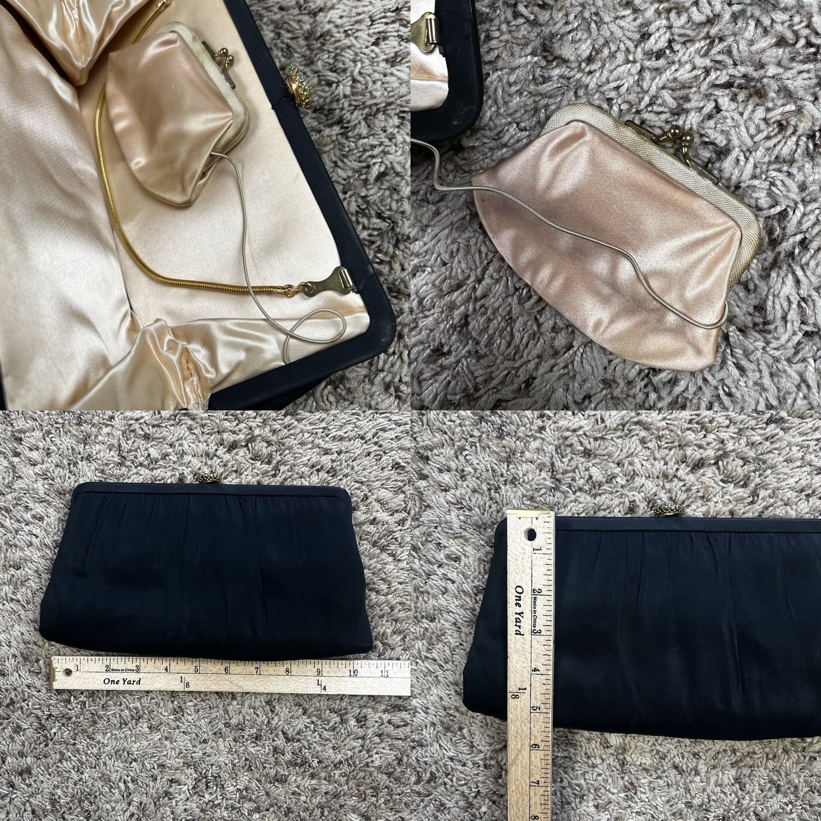 Vintage VINTAGE Satin Bag Clutch Purse Wedding Prom Evening Formal Chain Rhinestone Clutch Purse Small Black Womens Size ONE SIZE - 8 Thumbnail