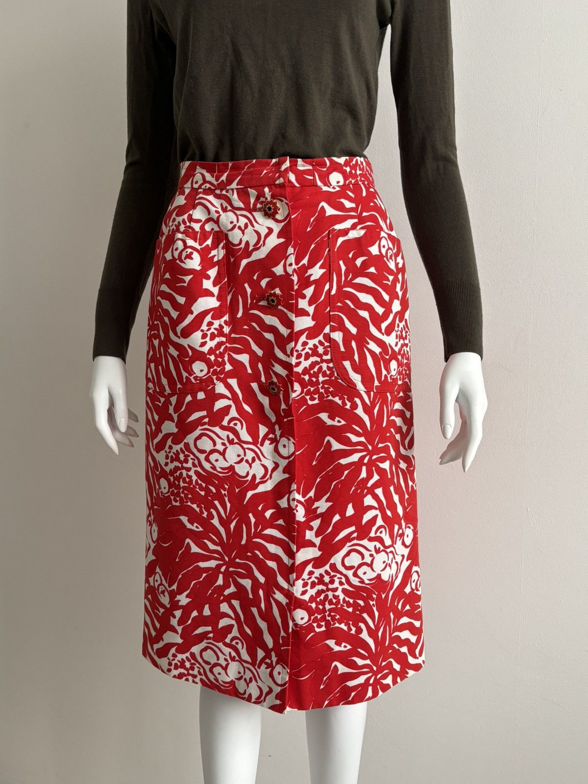 Yves Saint Laurent YSL Rive Gauche S/S 1994 Archive Printed Pencil Skirt Red M Size 27" / US 4 / IT 40 - 1 Thumbnail