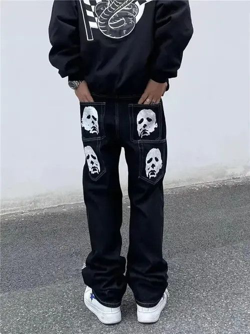 Japanese Brand × Jean Black high street vibe style skull straight jeans Size US 32 / EU 48 - 3 Thumbnail