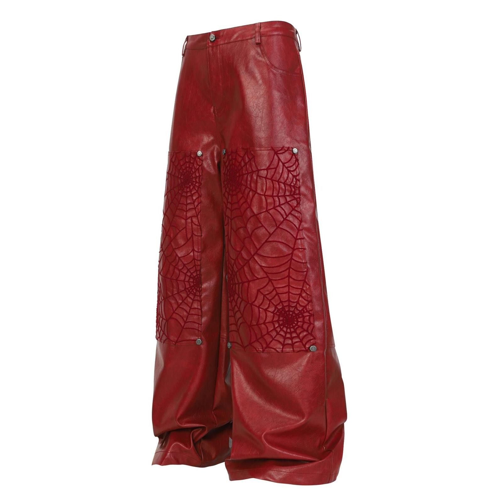 Japanese Brand Black Wide Leg Leather Pants, Embossed Spiderweb Design Size US 32 / EU 48 - 6 Thumbnail