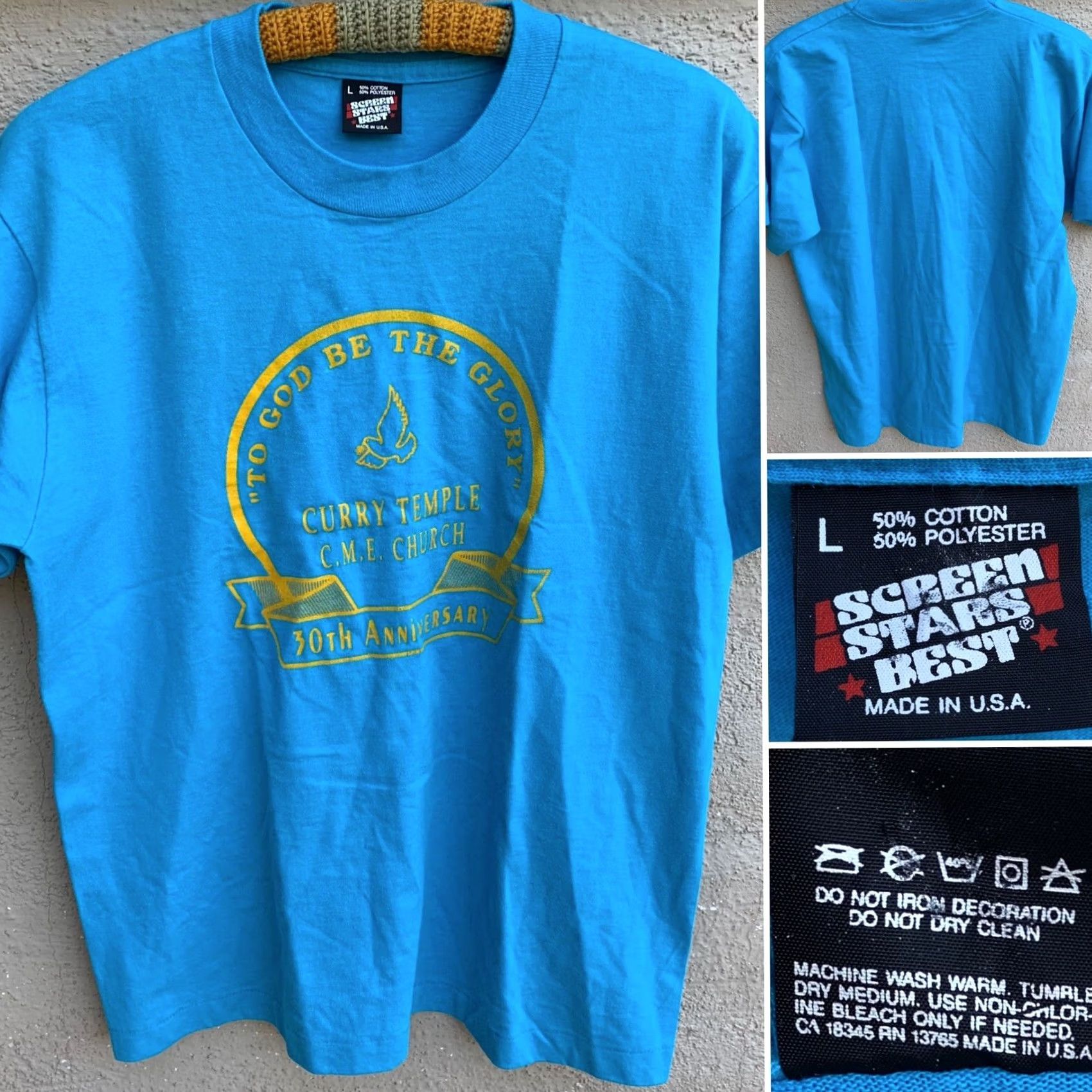 Vintage VINTAGE To God Be The Glory Curry Temple CME Church 30th Anniversary T-Shirt L Blue Mens Short Sleeve Graphic 80s 90s Bird Screen Stars Made in USA Size US L / EU 52-54 / 3 - 2 Thumbnail