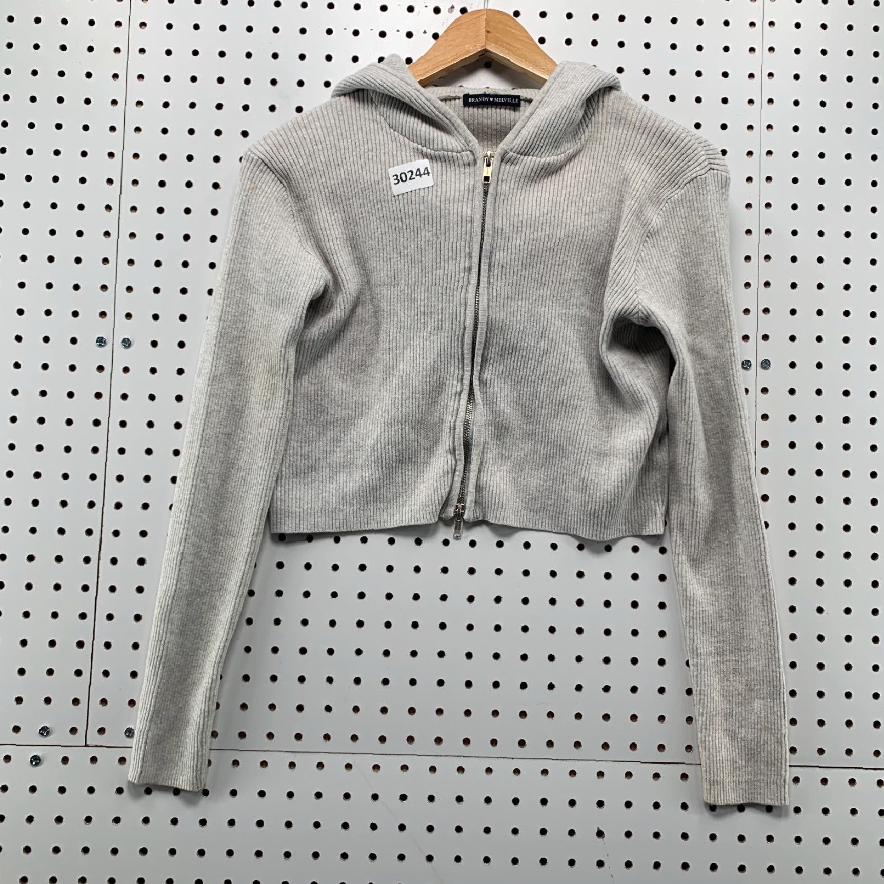 Brandy Melville Brandy Melville Hoodie Womens One Size Gray Rib Knit Crop Zip Hooded Size ONE SIZE - 2 Thumbnail