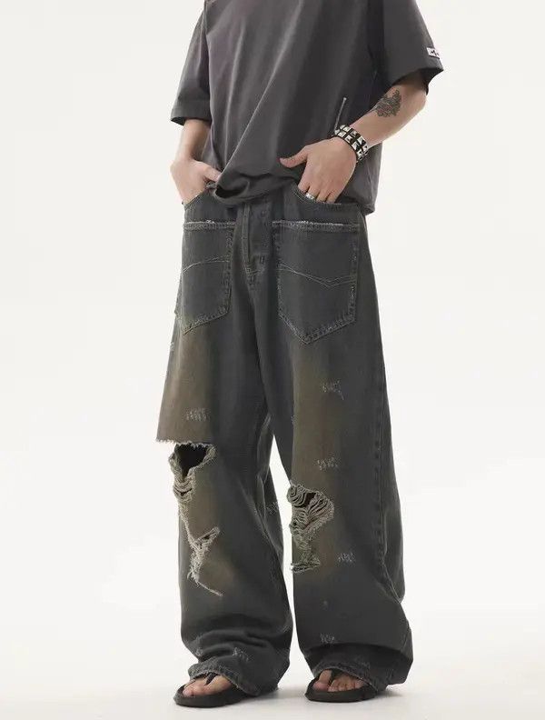 Japanese Brand VIBE Reverse pocket washed ripped heavyweight baggy jeans Size US 34 / EU 50 - 6 Thumbnail