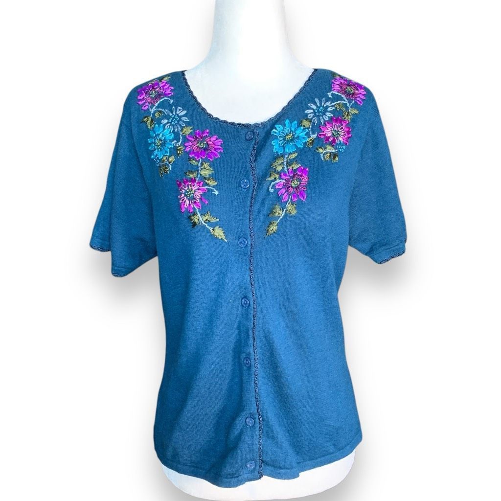 Vintage Vintage R&K Originals Teal Blue Floral Short Sleeve Knit Car Size L / US 10 / IT 46 - 4 Thumbnail