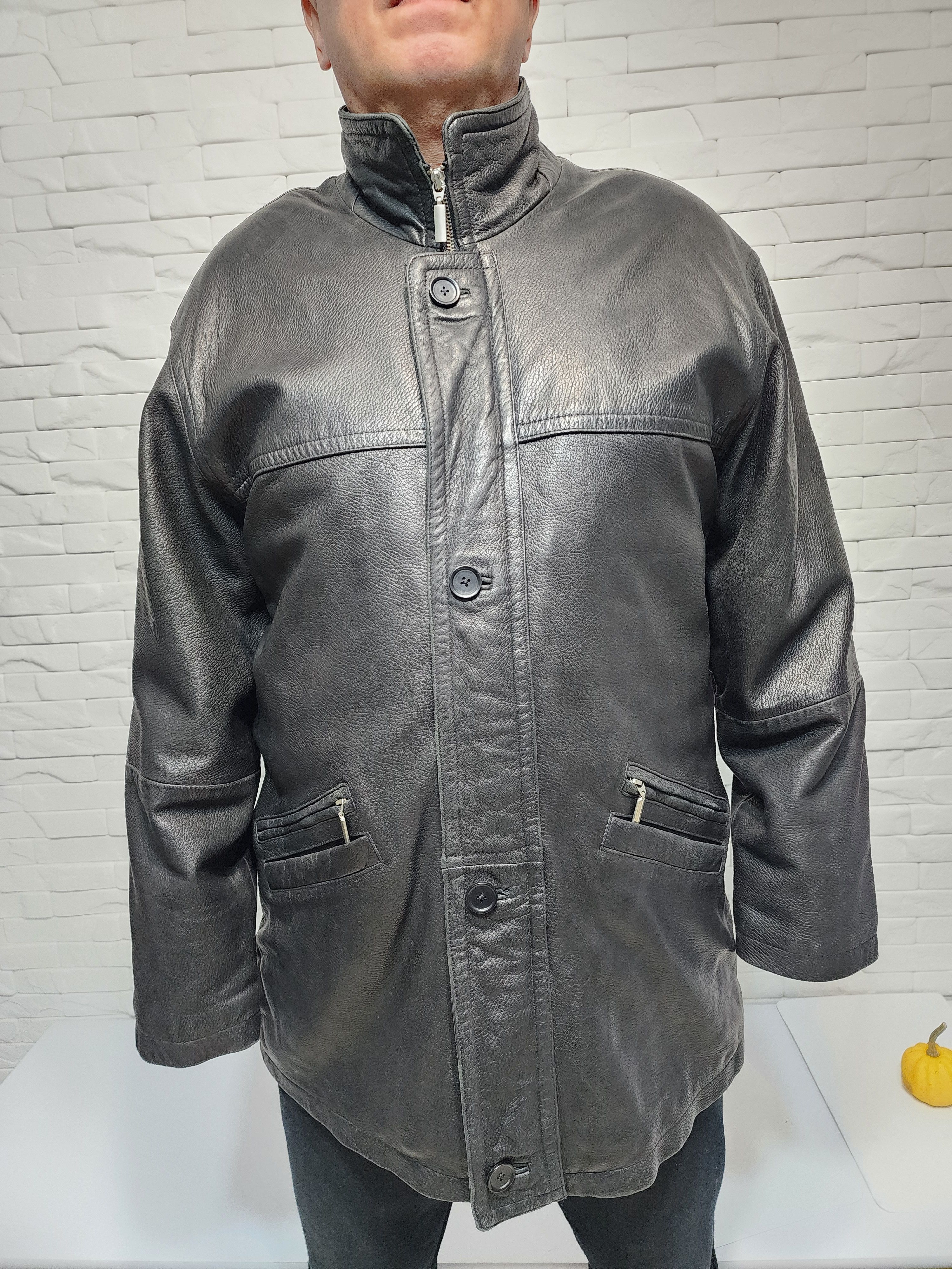 Men's Black Genuine Leather Jacket: Zip Up Pockets