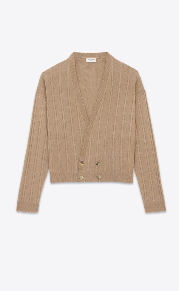 Saint Laurent Paris o1b1hav111224 Loose Cardigan In Ribbed Knit in Beige Size US M / EU 48-50 / 2 - 1 Thumbnail