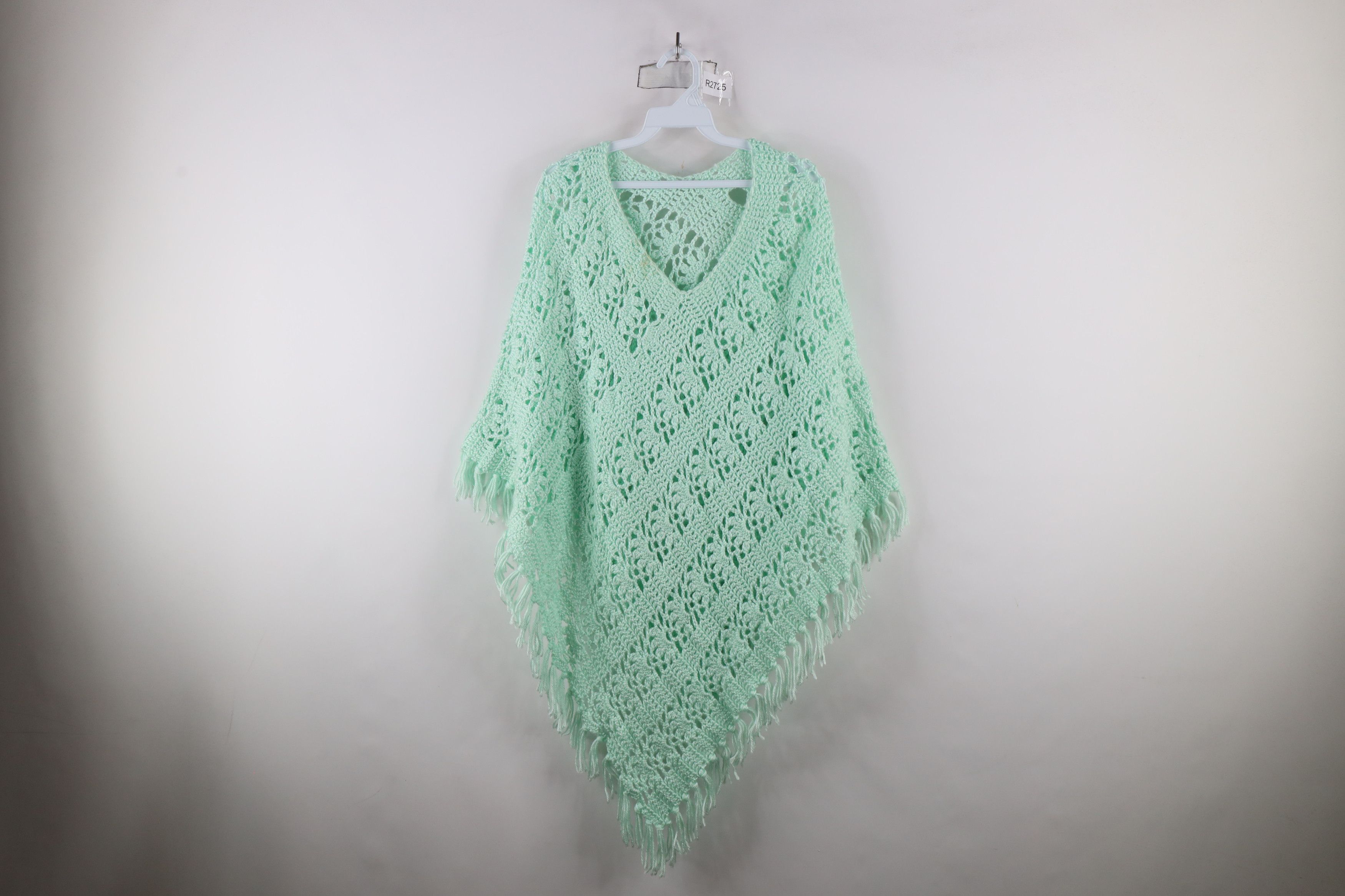 Vintage Vintage 60s 70s Boho Chic Fringed Poncho Sweater Mint Size ONE SIZE - 1 Thumbnail