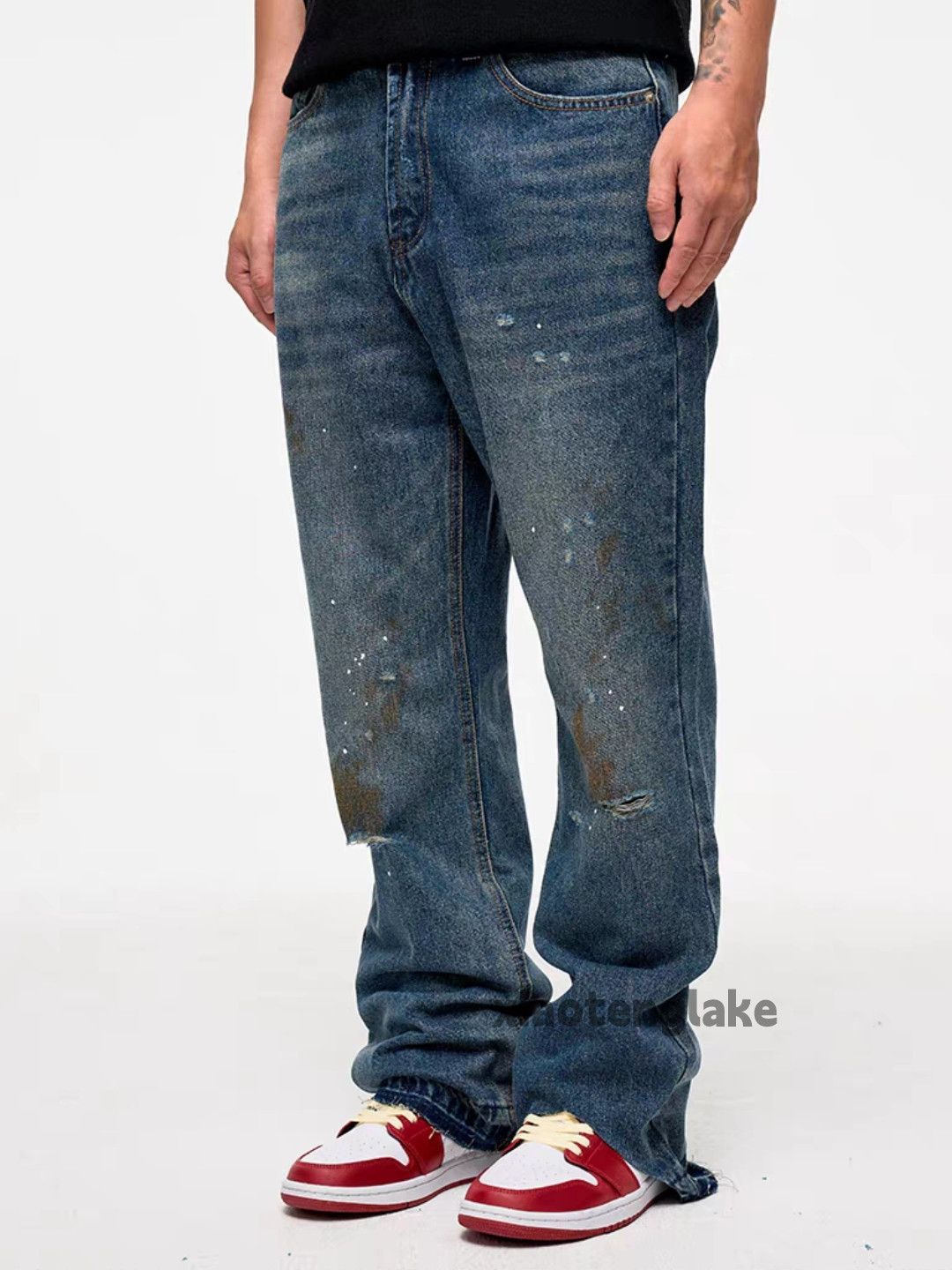 Jean Unisex washed faded loose baggy ripped damaged jeans Size US 36 / EU 52 - 2 Thumbnail