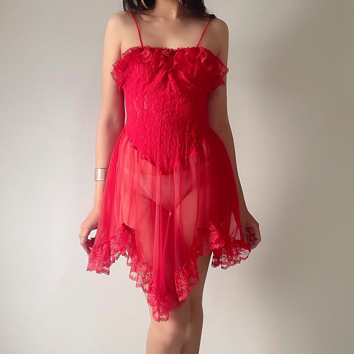 Vintage Romantic Red Lace Ruffled Sheer Slip Dress (M-L) Size L / US 10 / IT 46 - 4 Thumbnail