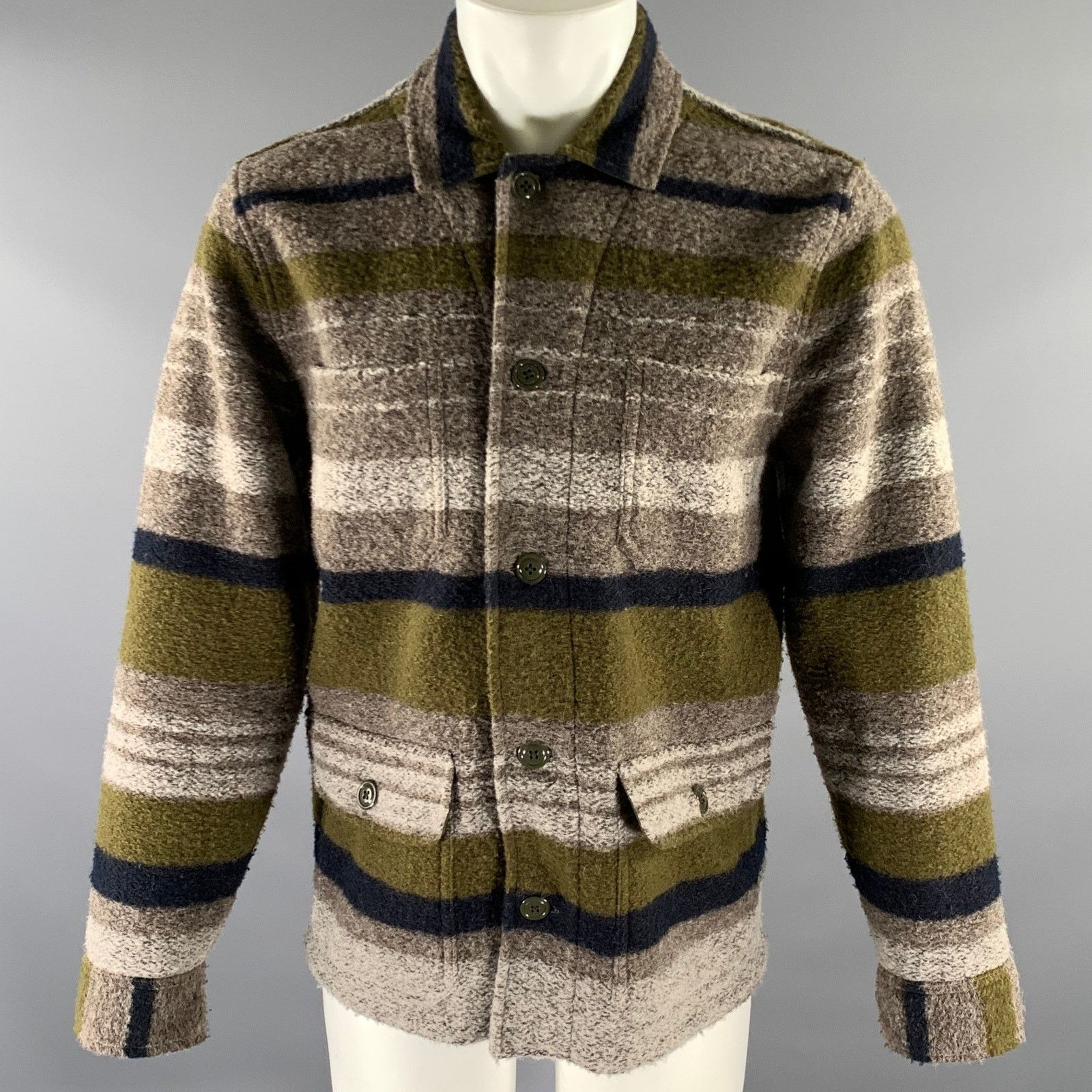 Todd Snyder TODD SNYDER Tan Olive Textured Stripe Cotton Chore Jacket Size US M / EU 48-50 / 2 - 1 Thumbnail