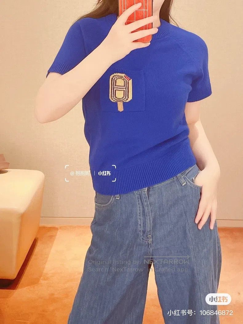 Hermes Hermes Blue Printed Cashmere Knit Short Sleeve Size XS / US 0-2 / IT 36-38 - 7 Thumbnail